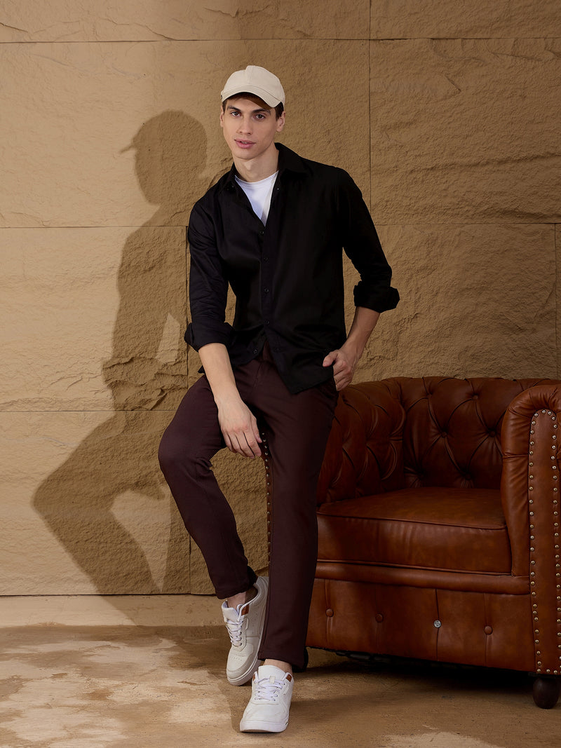 Brown: Textured Stretchable Chinos