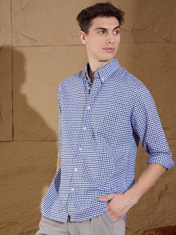 Men's Blue Micro Checked Formal Shirt