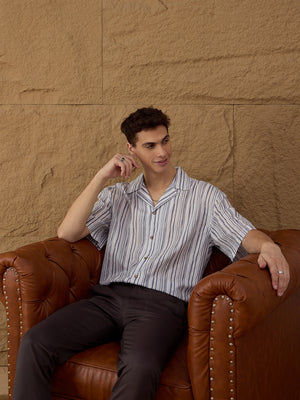 Grey & White: Half Sleeves Oversized Stripes Shirt