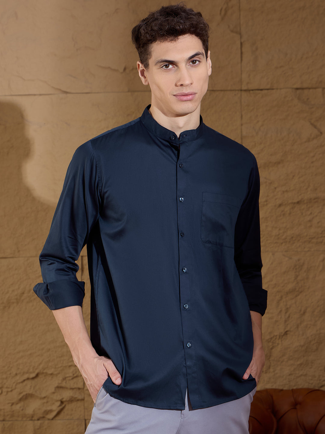 Navy Blue Mandarin Collar Cotton Casual Shirt