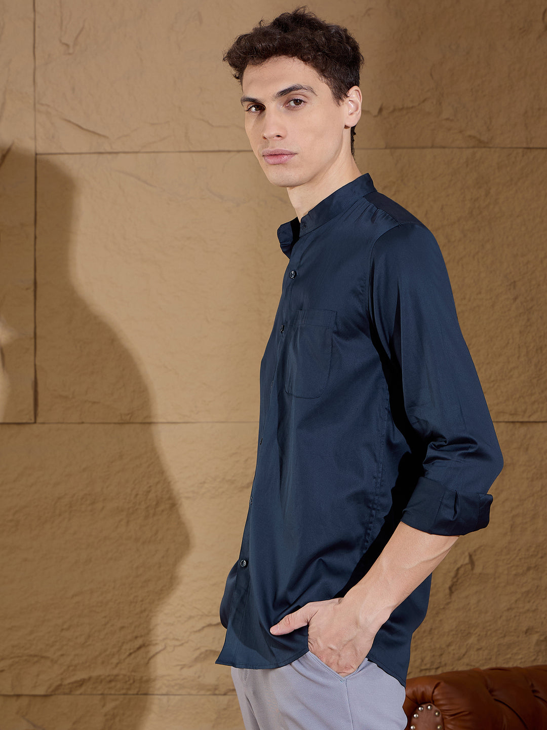 Navy Blue Mandarin Collar Cotton Casual Shirt