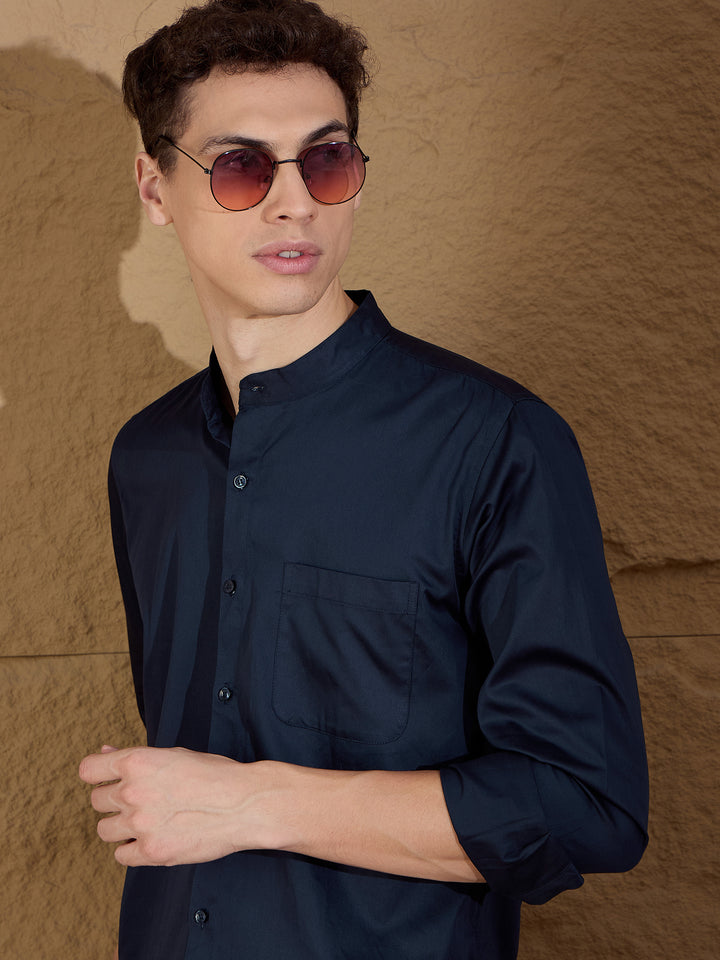 Navy Blue Mandarin Collar Cotton Casual Shirt