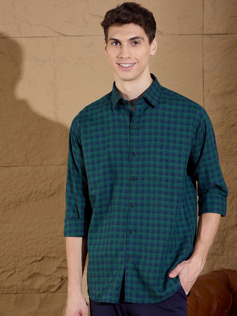 Green And Blue: Full Sleeves Checks Casual Shirt