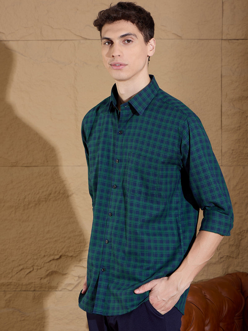 Green And Blue: Full Sleeves Checks Casual Shirt
