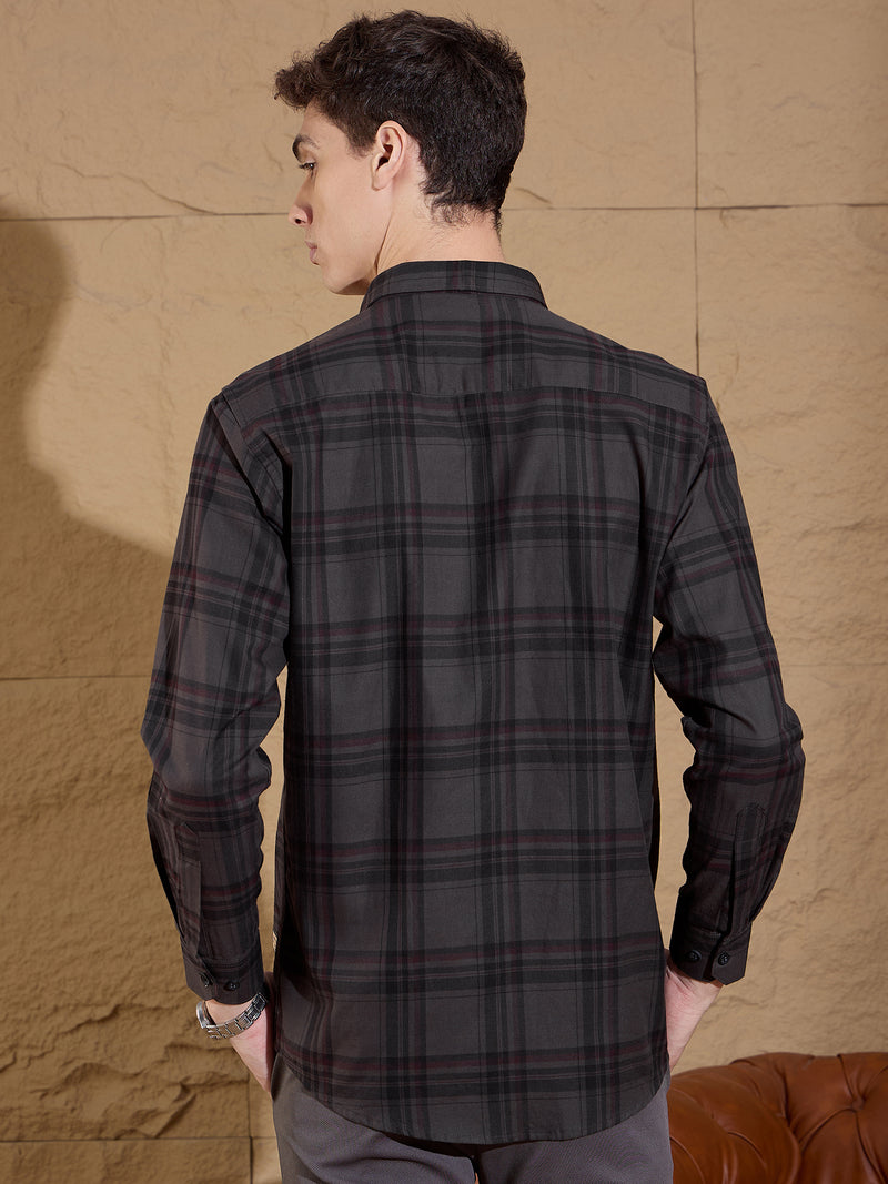 Grey: Full Sleeves Tartan Checked Shirt