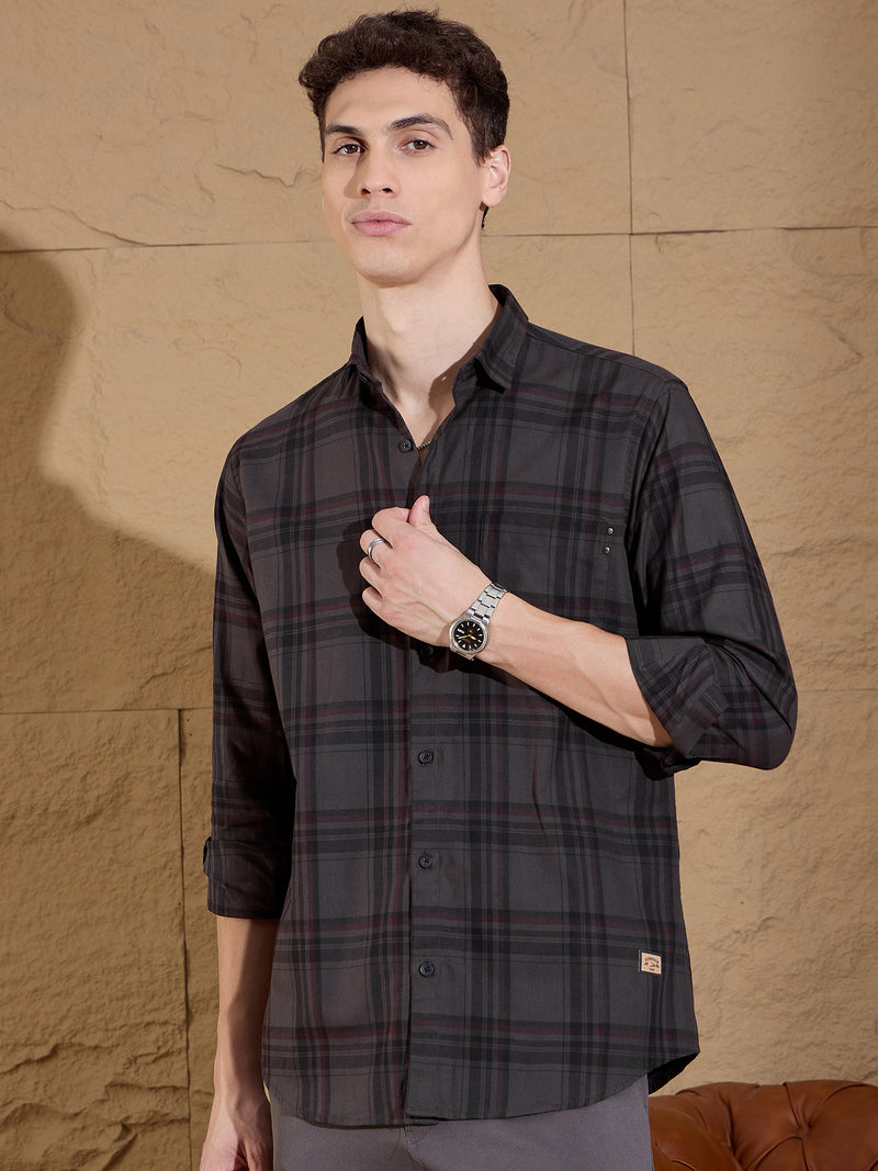 Grey: Full Sleeves Tartan Checked Shirt