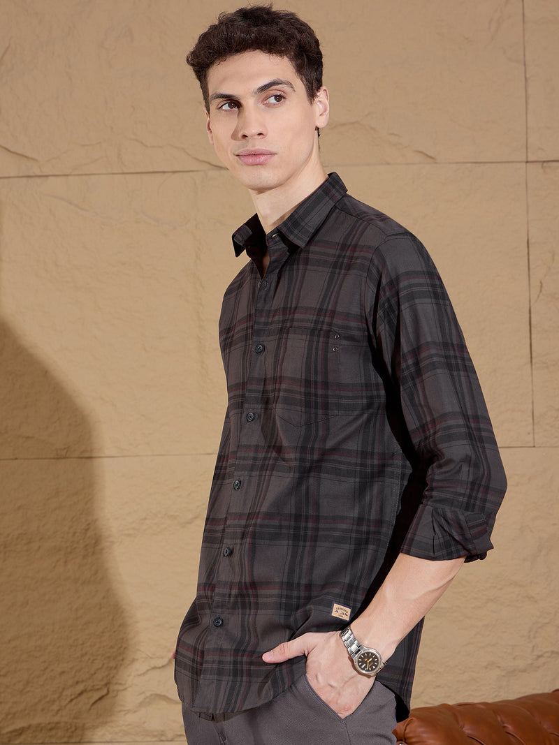 Grey: Full Sleeves Tartan Checked Shirt