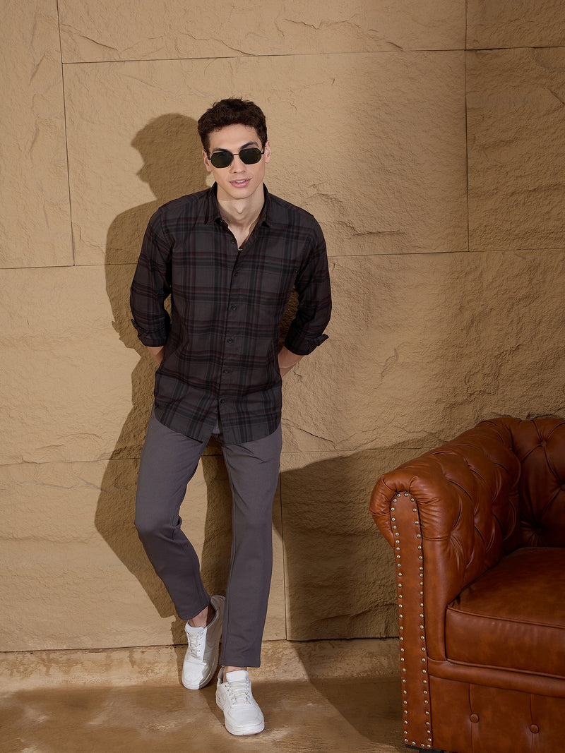 Grey: Full Sleeves Tartan Checked Shirt