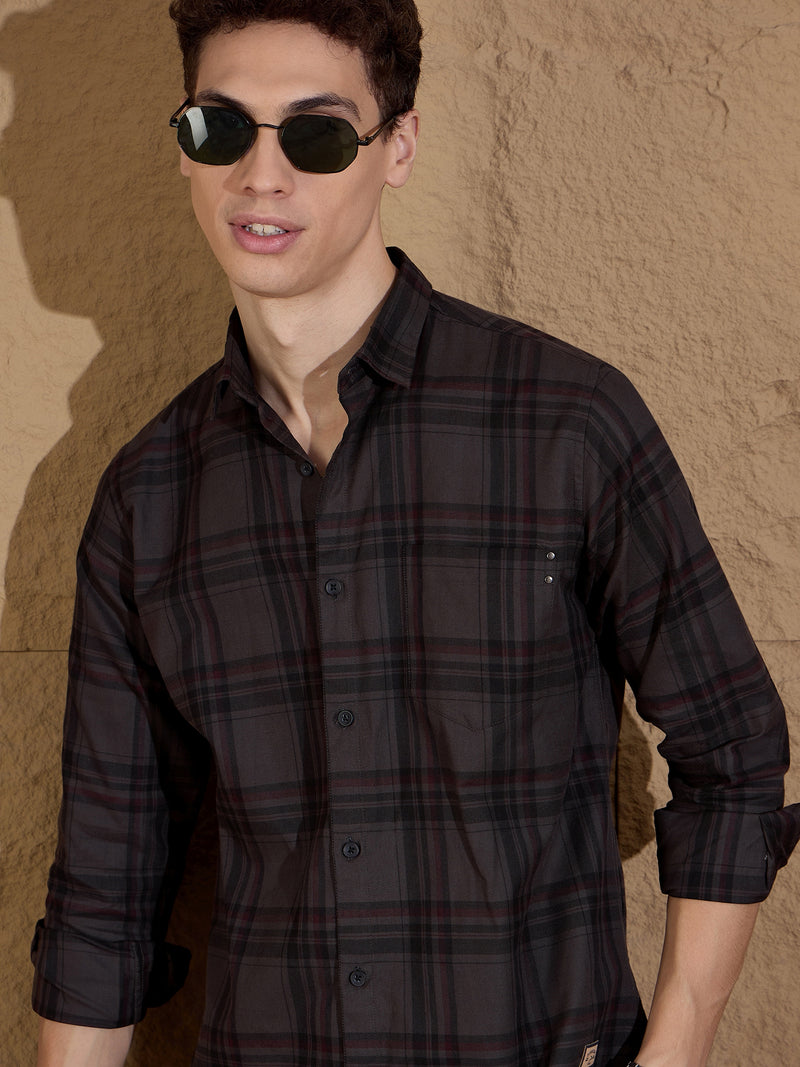 Grey: Full Sleeves Tartan Checked Shirt