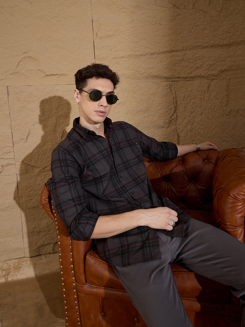 Grey: Full Sleeves Tartan Checked Shirt
