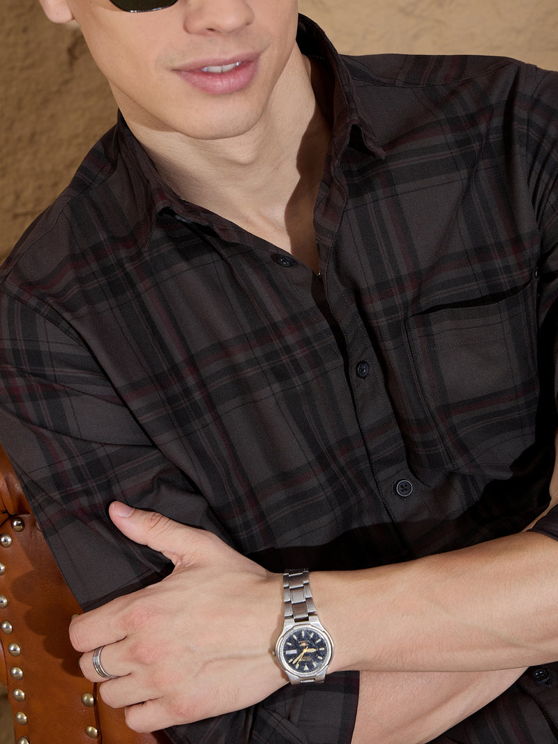 Grey: Full Sleeves Tartan Checked Shirt