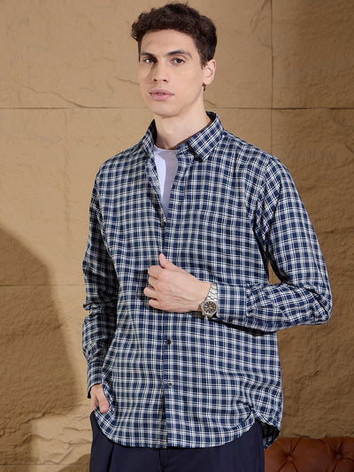 Blue And White: Full Sleeves Checks Casual Shirt