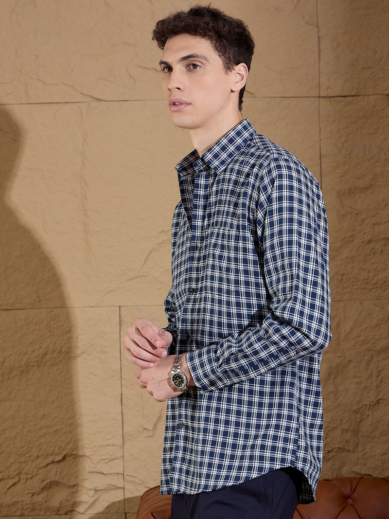 Blue And White: Full Sleeves Checks Casual Shirt