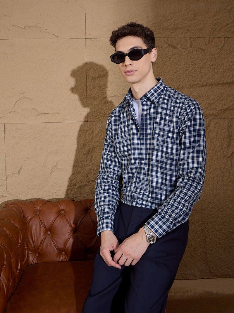 Blue And White: Full Sleeves Checks Casual Shirt