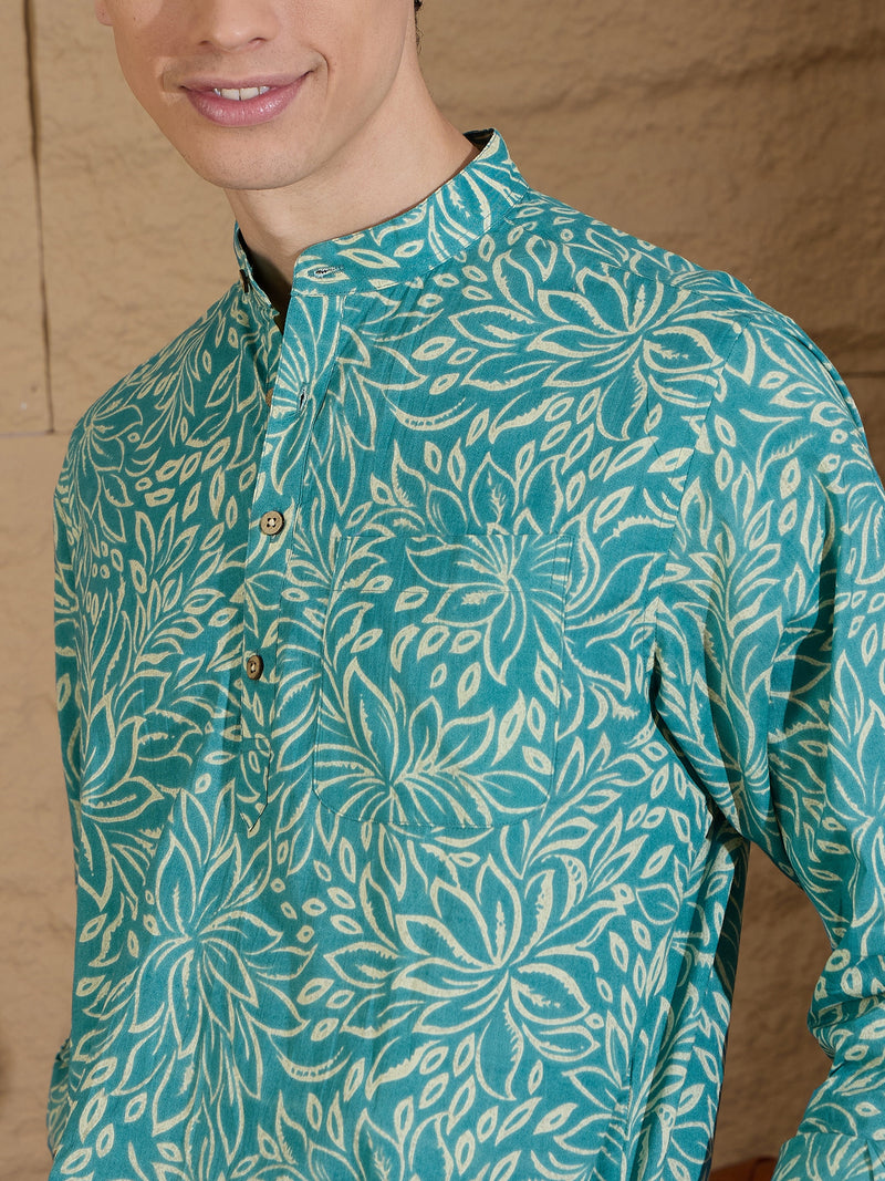 Blue and White:Hand Block Printed Floral Kurta