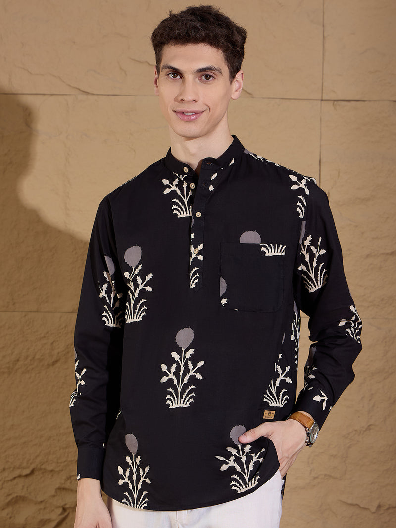 Black and Cream: Ethnic Motifs Print Sustainable Kurta