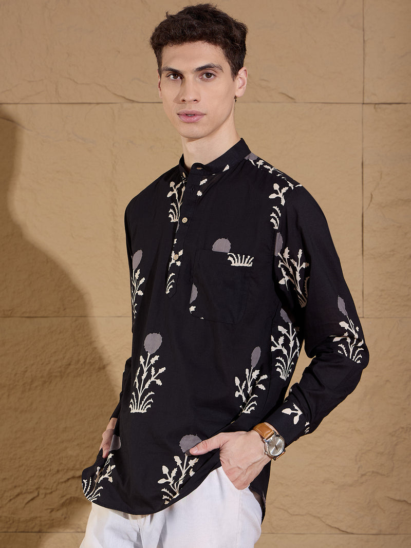 Black and Cream: Ethnic Motifs Print Sustainable Kurta