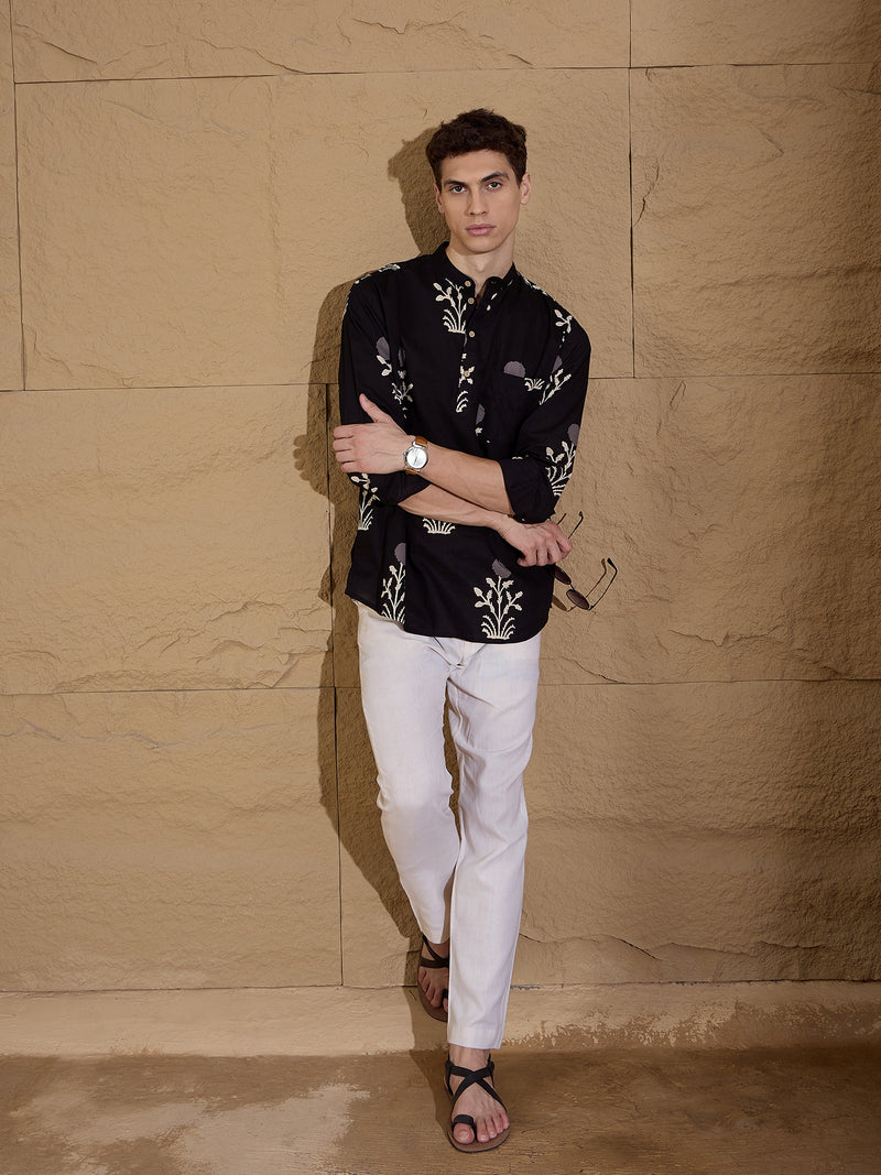 Black and Cream: Ethnic Motifs Print Sustainable Kurta