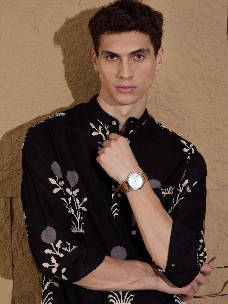 Black and Cream: Ethnic Motifs Print Sustainable Kurta