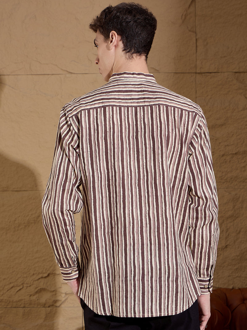 Brown and Cream: Full Sleeves Striped Printed Short Kurta