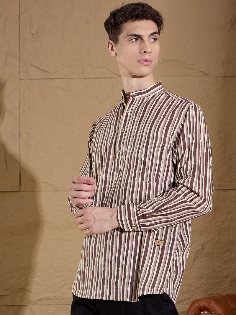 Brown and Cream: Full Sleeves Striped Printed Short Kurta