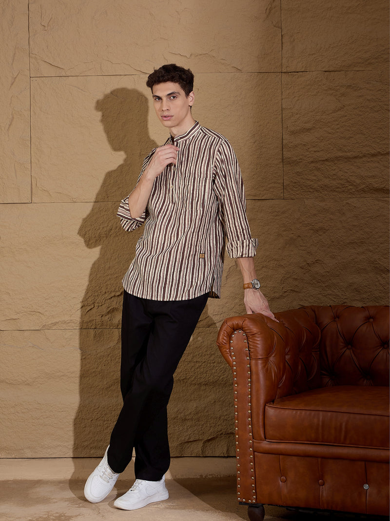 Brown and Cream: Full Sleeves Striped Printed Short Kurta