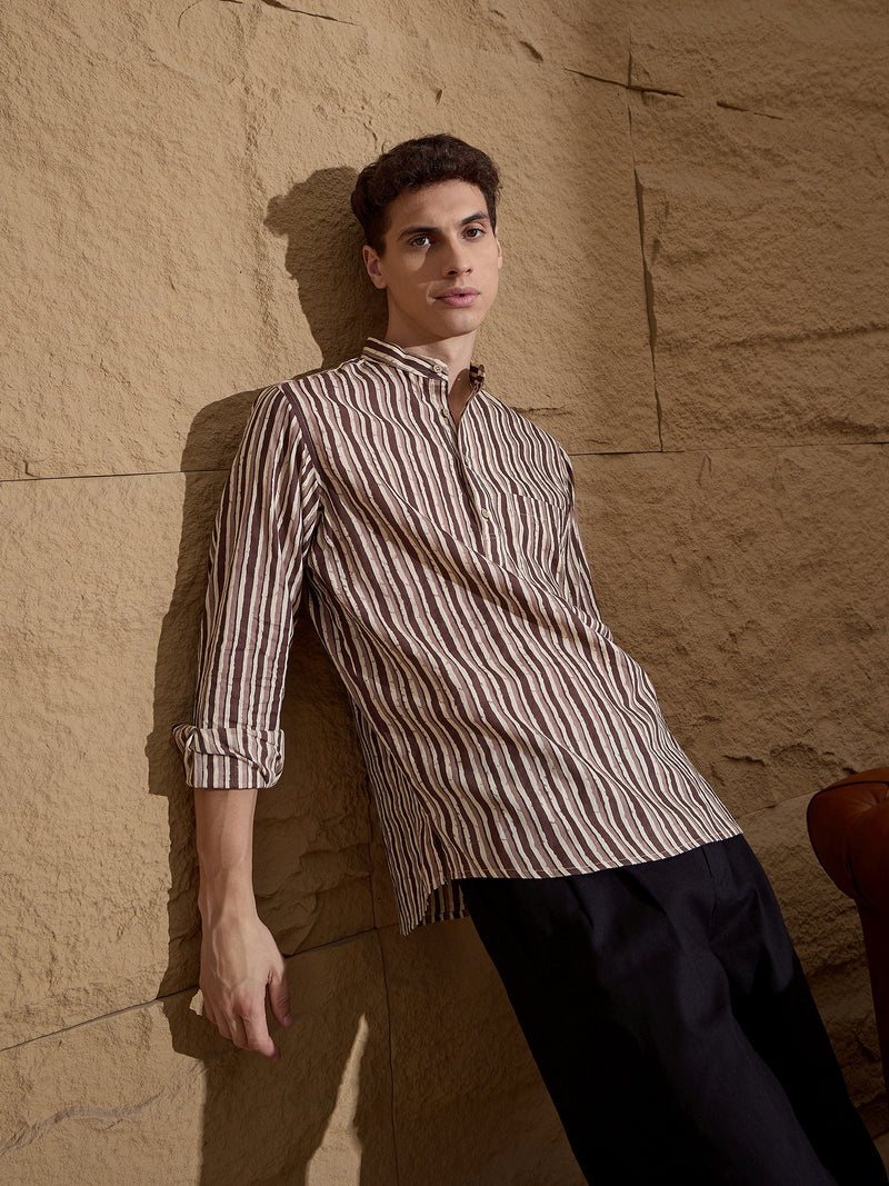 Brown and Cream: Full Sleeves Striped Printed Short Kurta
