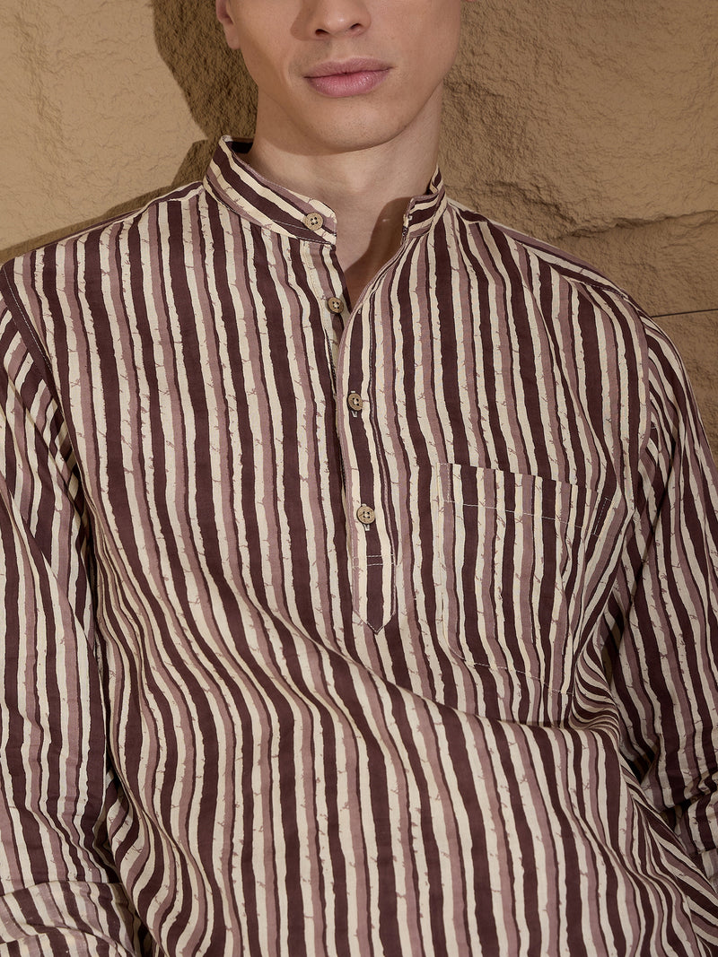 Brown and Cream: Full Sleeves Striped Printed Short Kurta