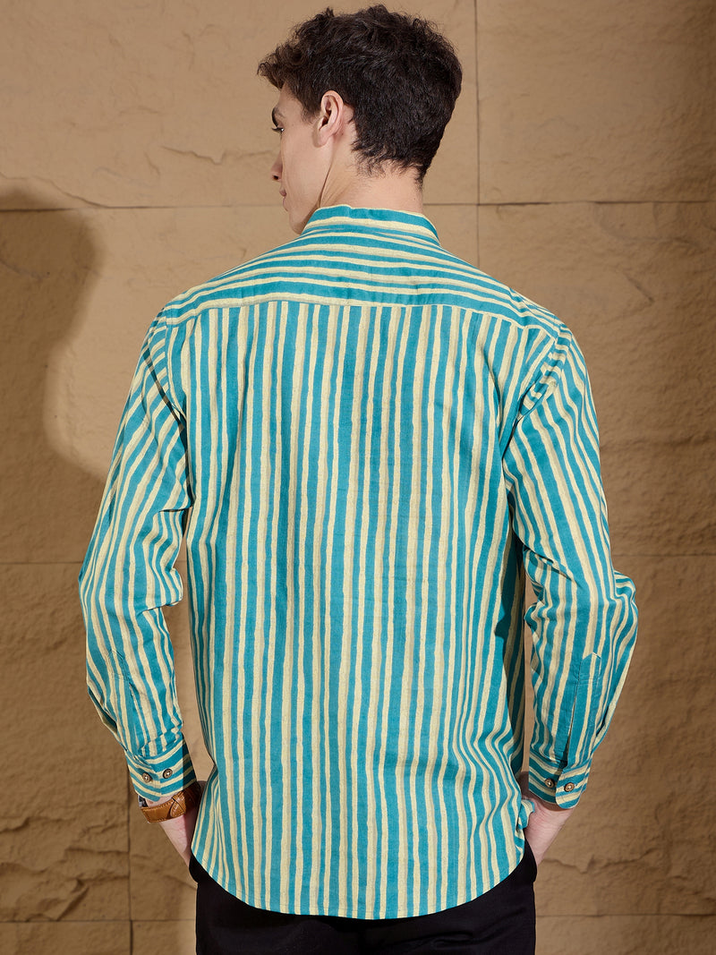 Blue and White:Striped Printed Short Casual Kurta
