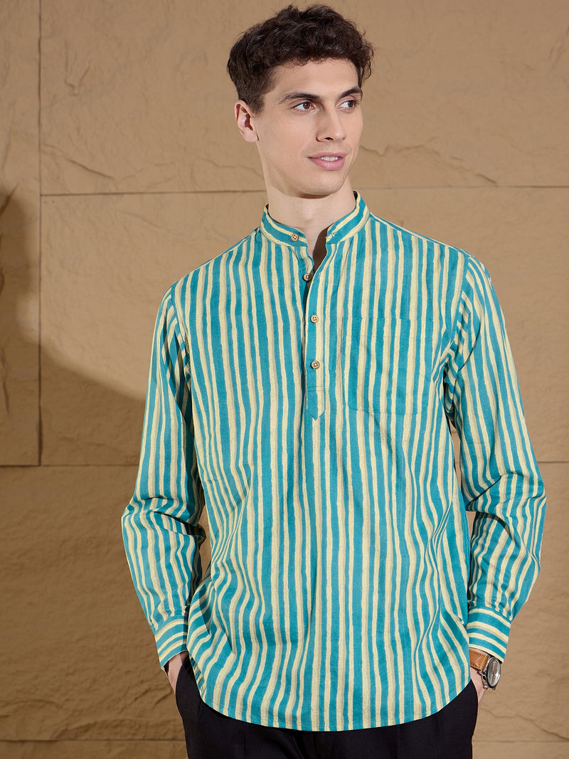 Blue and White:Striped Printed Short Casual Kurta