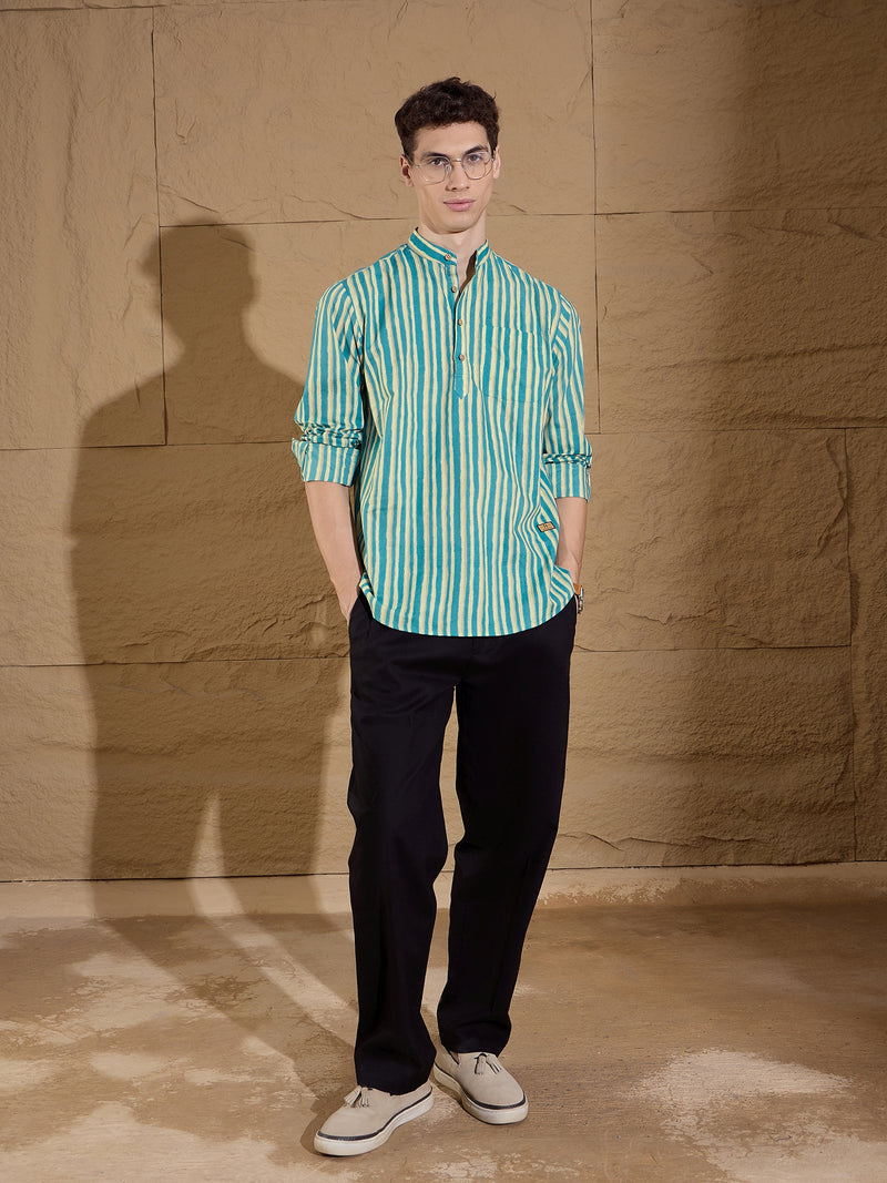Blue and White:Striped Printed Short Casual Kurta