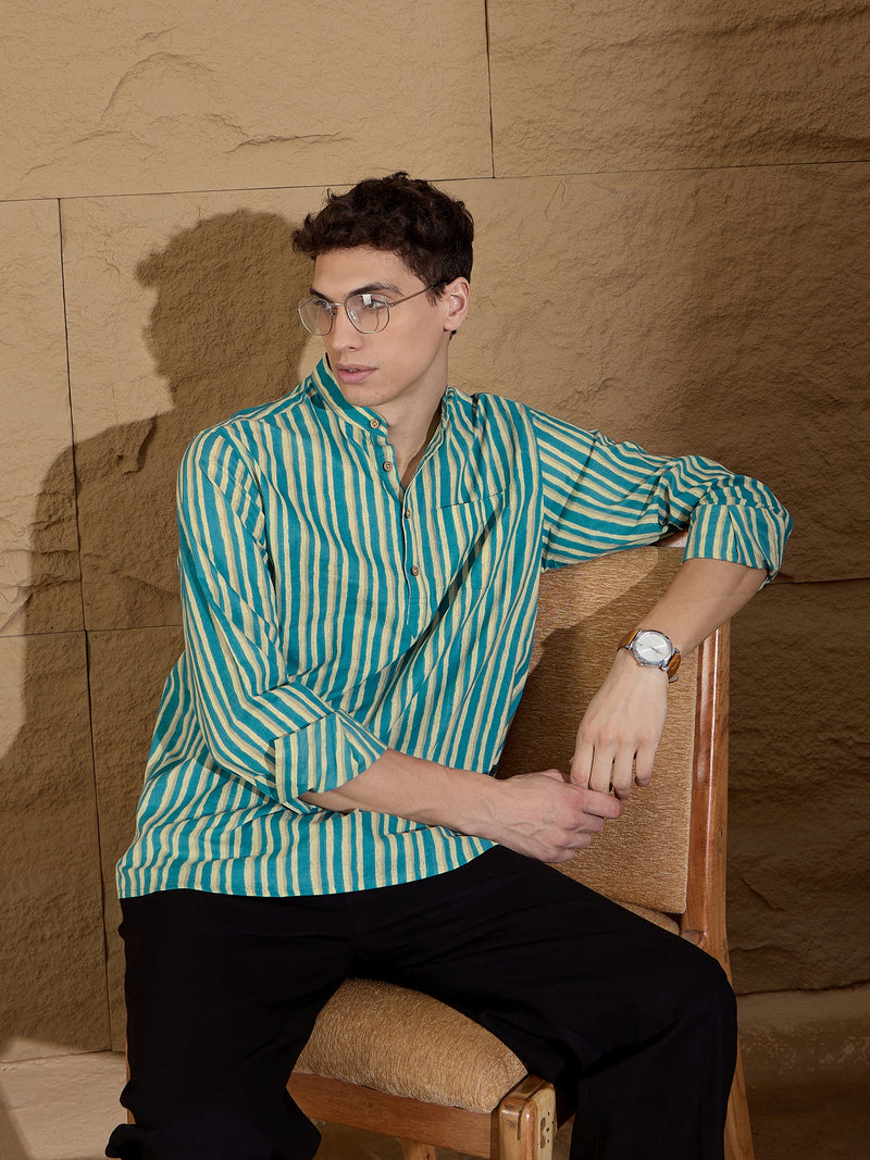Blue and White:Striped Printed Short Casual Kurta