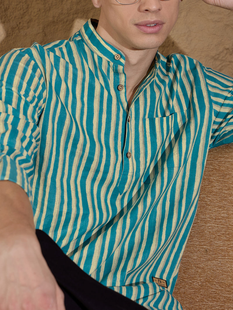 Blue and White:Striped Printed Short Casual Kurta