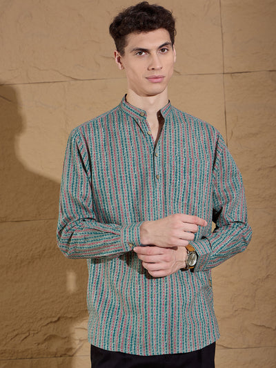 Red and Green: Striped Printed Short Kurta