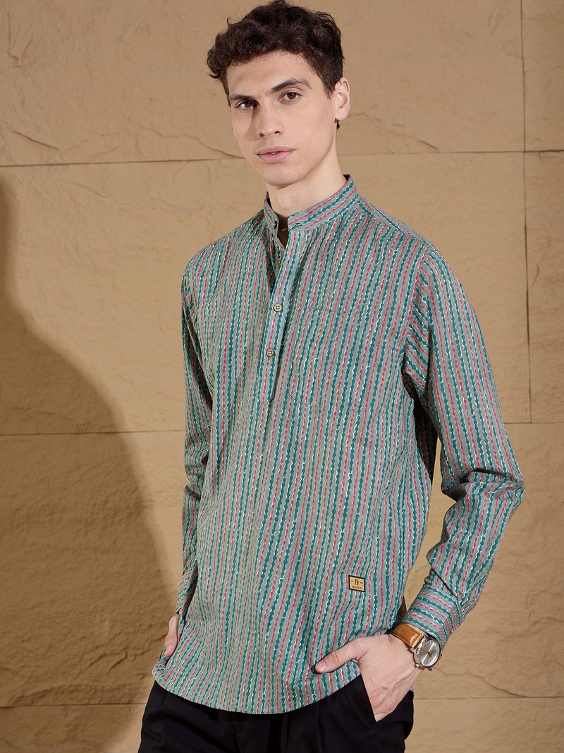 Red and Green: Striped Printed Short Kurta