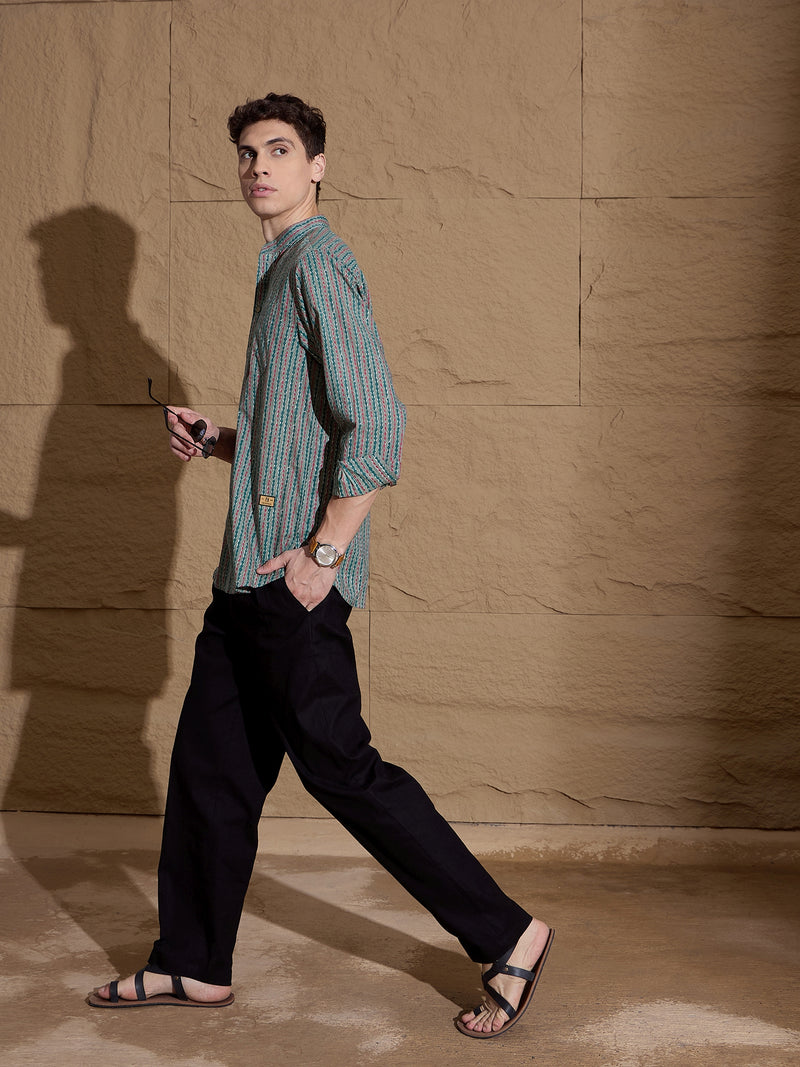 Red and Green: Striped Printed Short Kurta