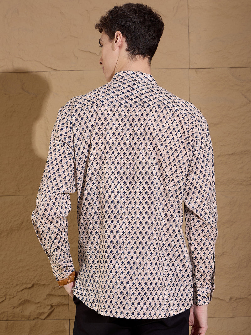 Cream and Blue: Block Printed Short Casual Kurta