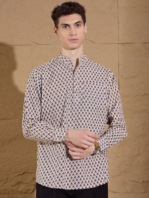 Dennison men's cream and blue block printed short casual kurta front view