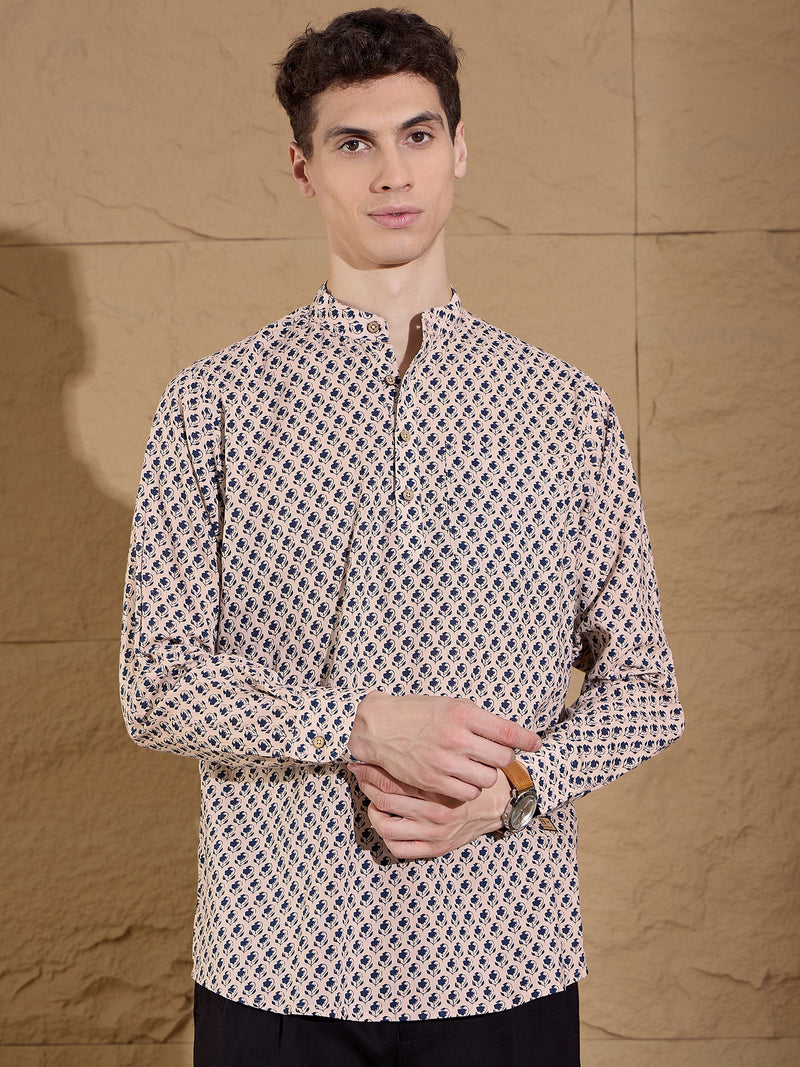 Cream and Blue: Block Printed Short Casual Kurta