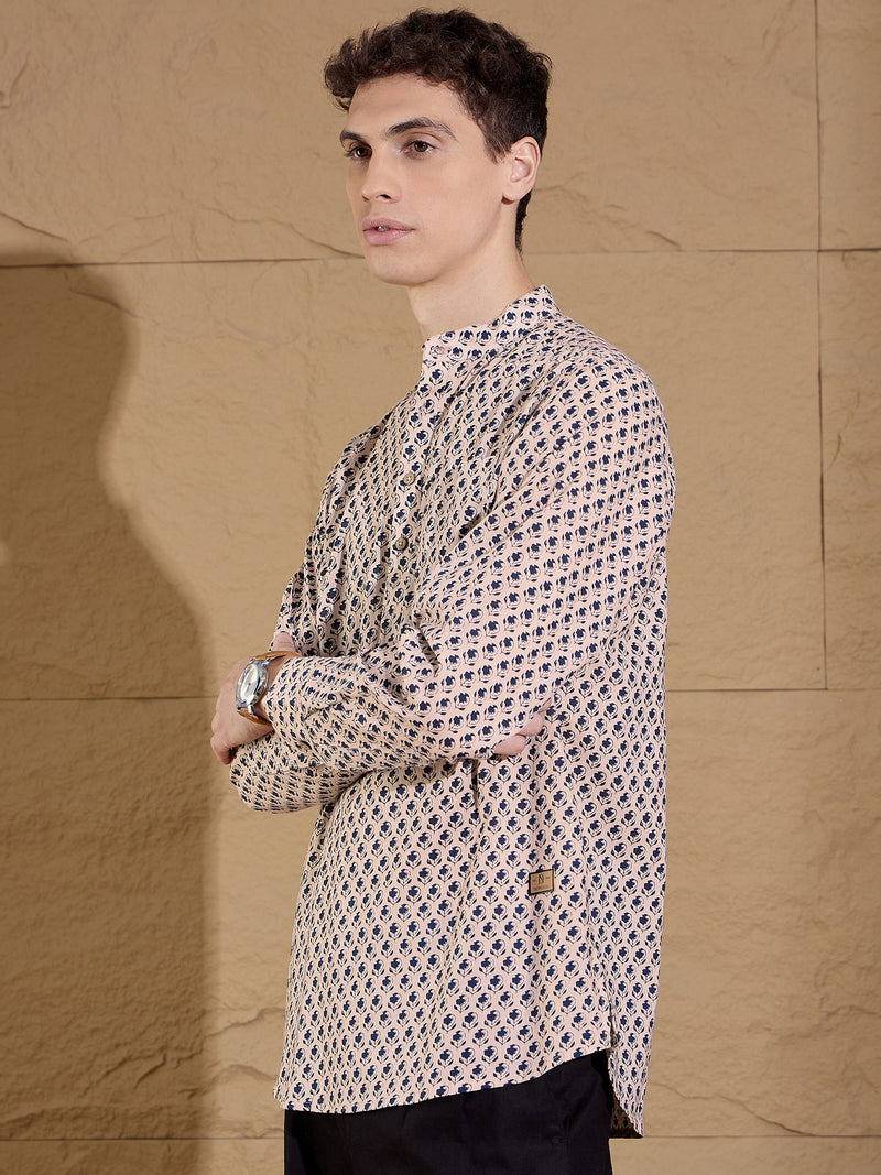 Cream and Blue: Block Printed Short Casual Kurta