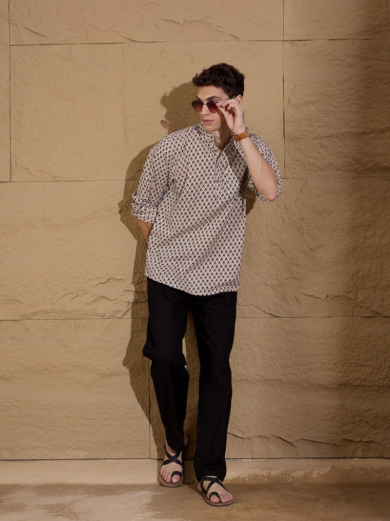 Cream and Blue: Block Printed Short Casual Kurta