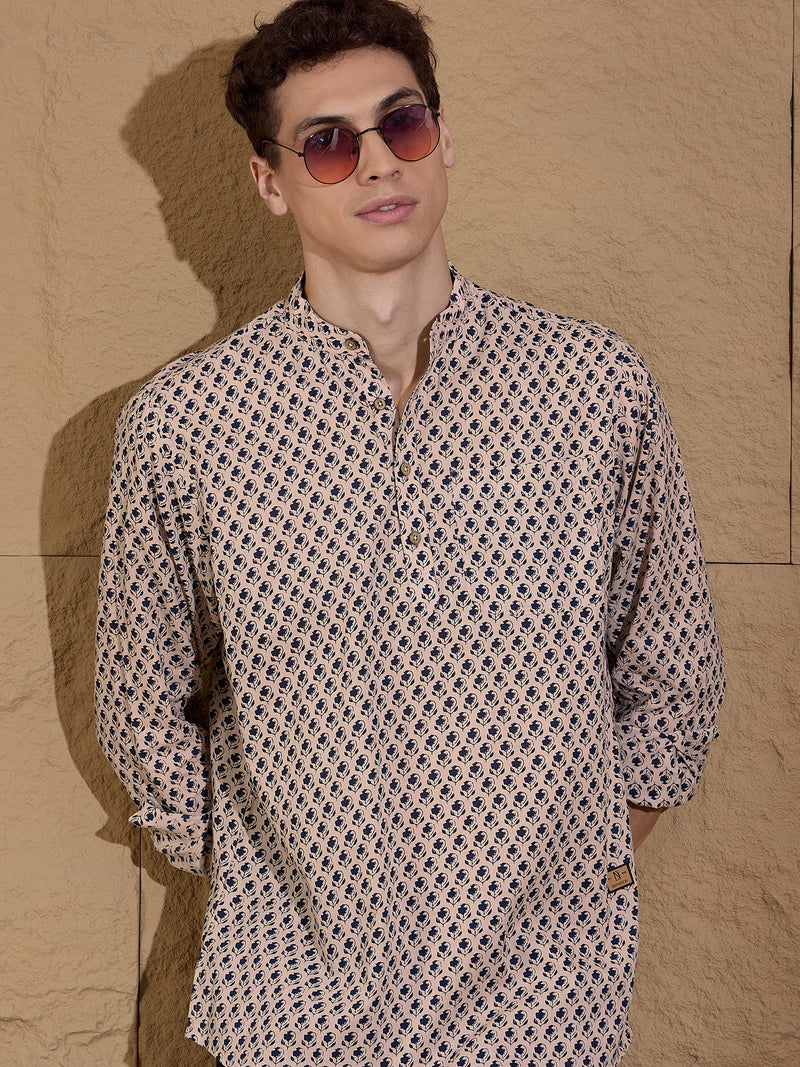 Cream and Blue: Block Printed Short Casual Kurta