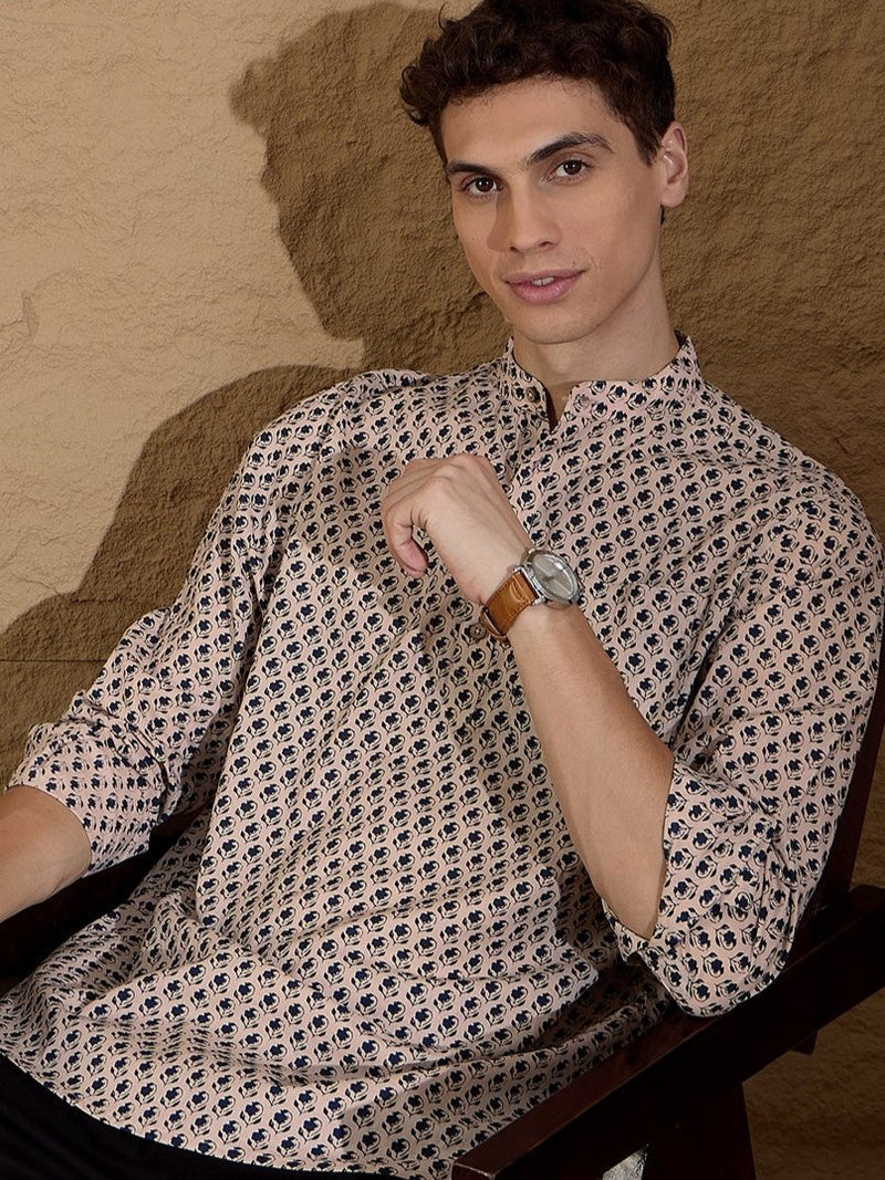 Cream and Blue: Block Printed Short Casual Kurta