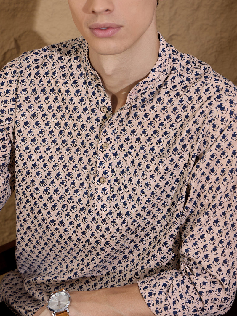 Cream and Blue: Block Printed Short Casual Kurta