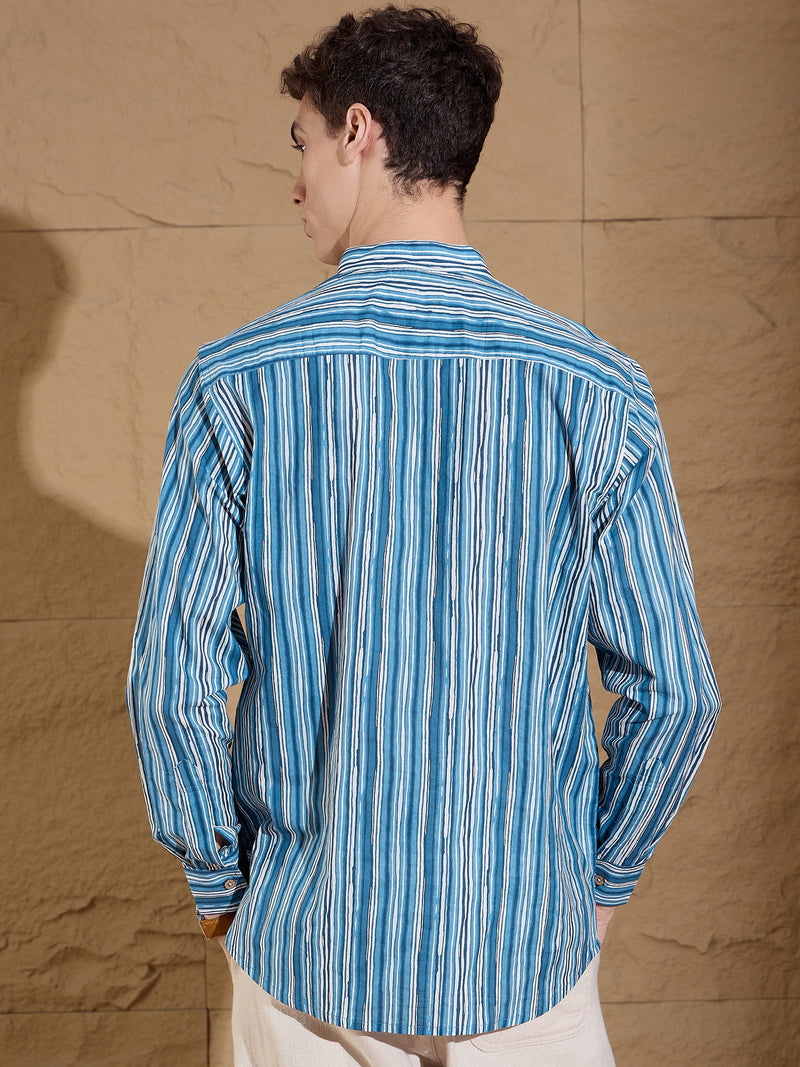 Blue and White: Striped Printed Short Kurta