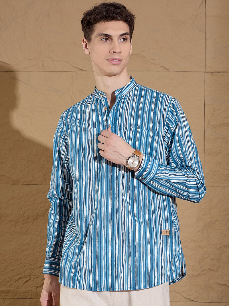 Blue and White: Striped Printed Short Kurta