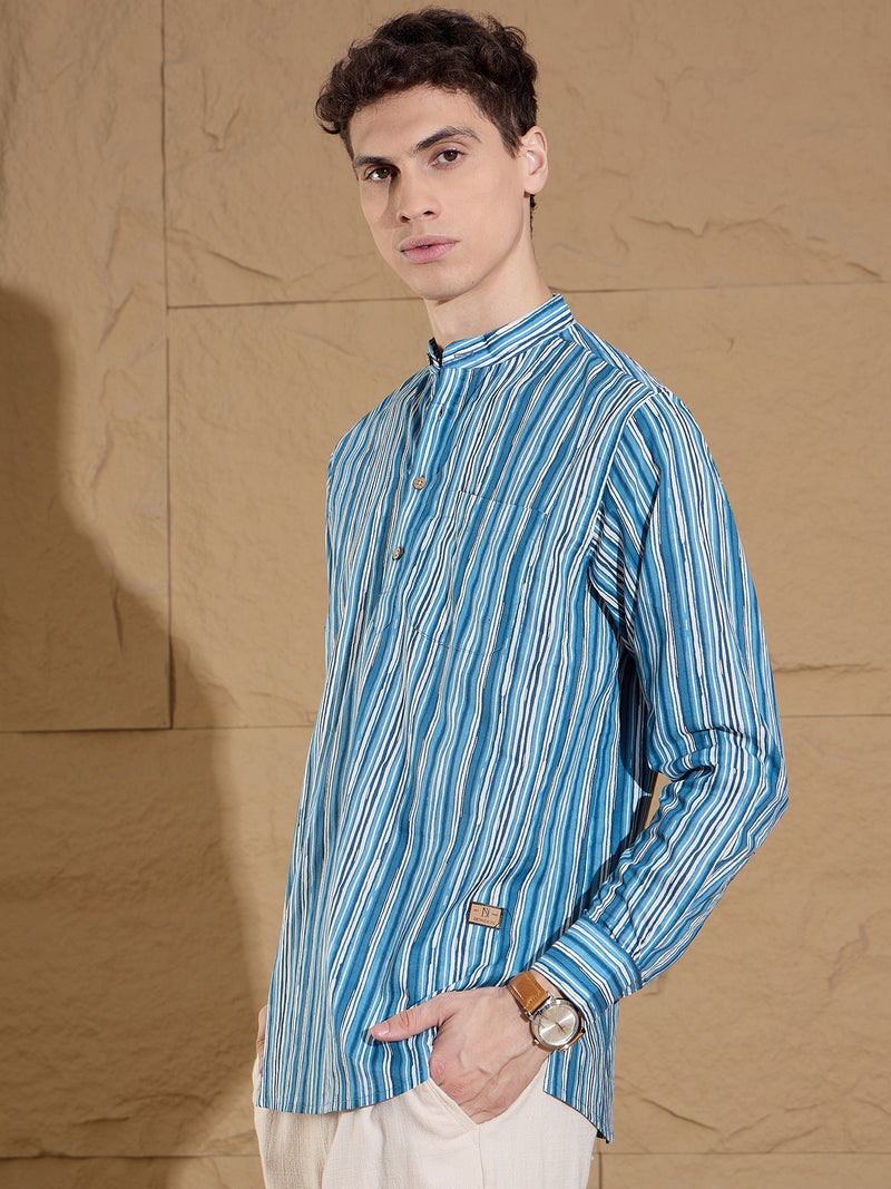 Blue and White: Striped Printed Short Kurta