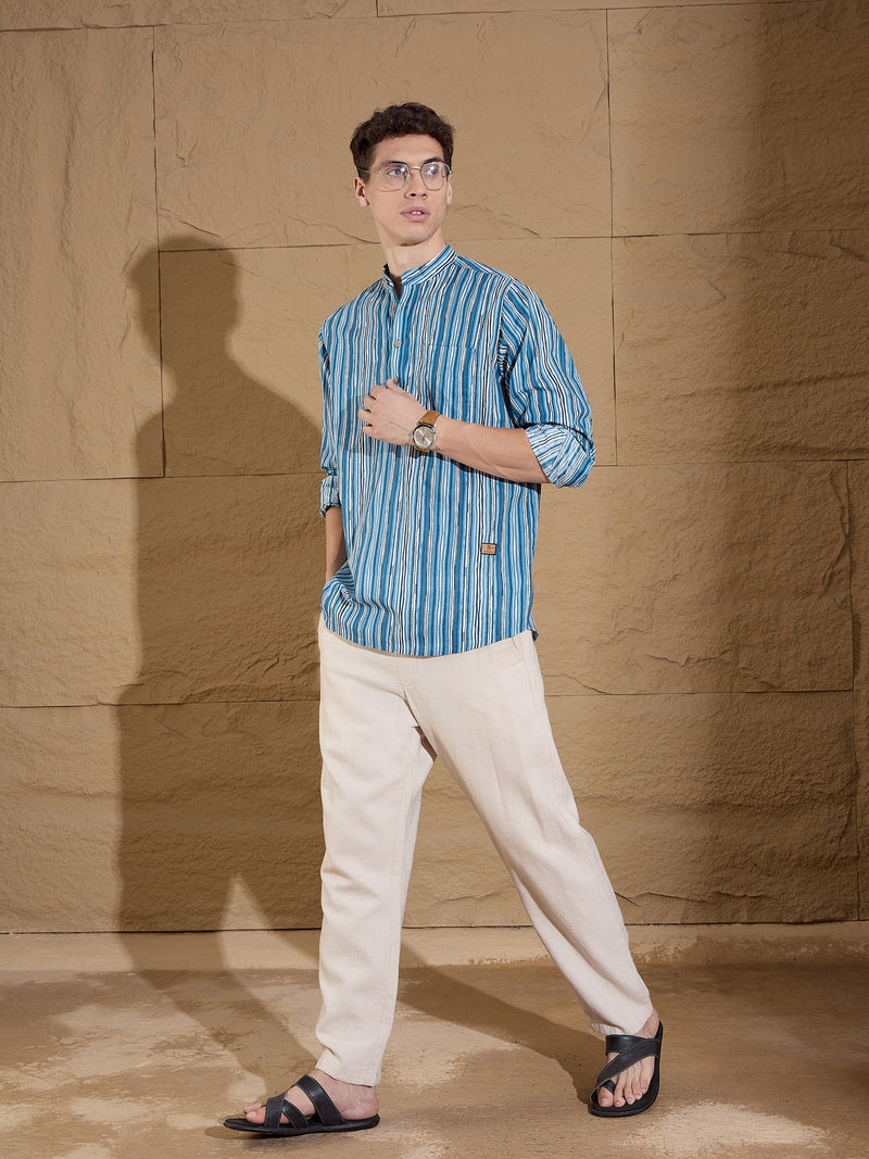 Blue and White: Striped Printed Short Kurta
