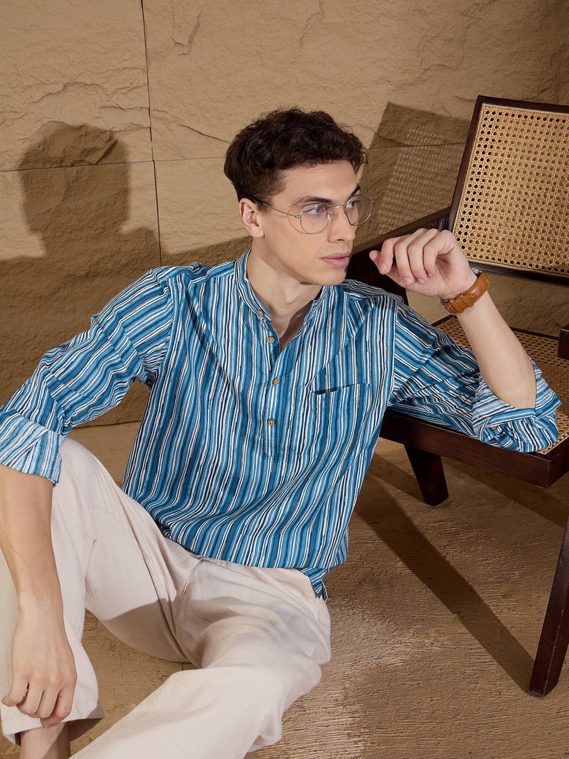 Blue and White: Striped Printed Short Kurta