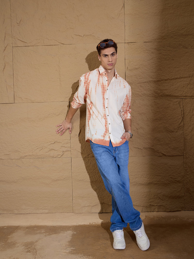 Orange & White: Full Sleeves Tie & Dyed Shirt
